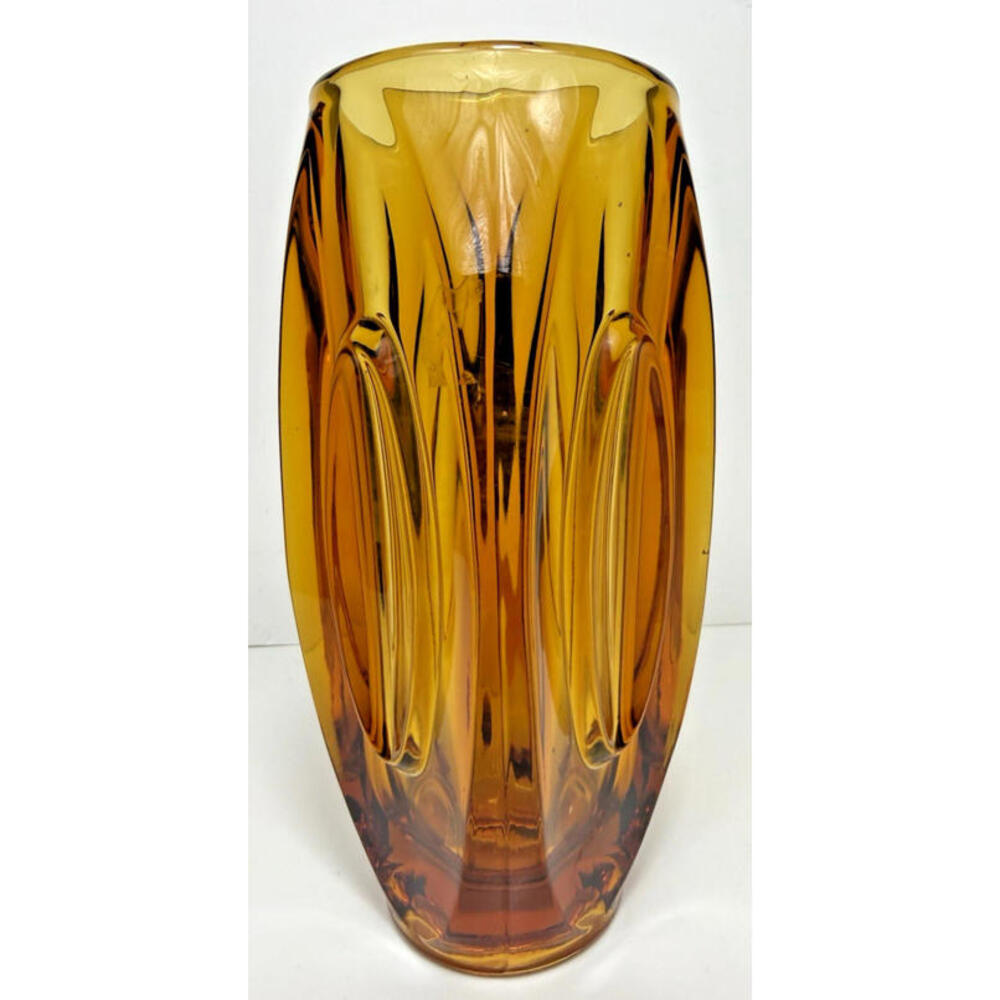 SKLO Vase Amber Yellow Glass Bullet Lens 8"H Czech 60s Mid Mod MCM Hand Blown - Picture 8 of 15